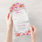 柔らかいピンクの水の色の花と柑橘系ベビーシャワー オールインワン招待状 (貼ってはがせる)