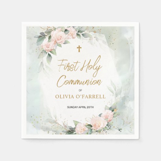 柔らかいピンクの水の色の花の最初の神聖な聖餐式 スタンダードカクテルナプキン (正面)