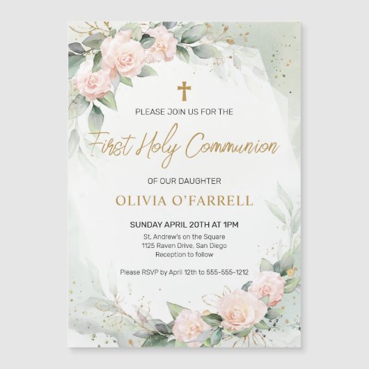 柔らかいピンクの水の色の花の緑のコミュニティ マグネット招待状 (正面)