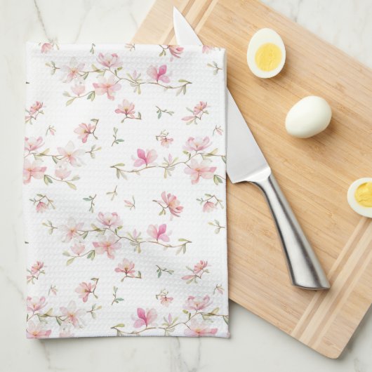 柔らかいピンクの水彩画の花模様 キッチンタオル (四つ折り)