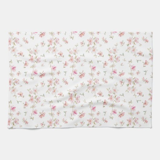 柔らかいピンクの水彩画の花模様 キッチンタオル (横)