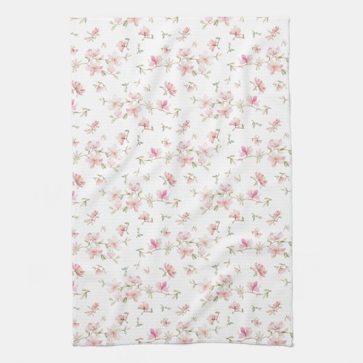 柔らかいピンクの水彩画の花模様 キッチンタオル (縦)