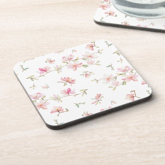 柔らかいピンクの水彩画の花模様 コースター (左側)