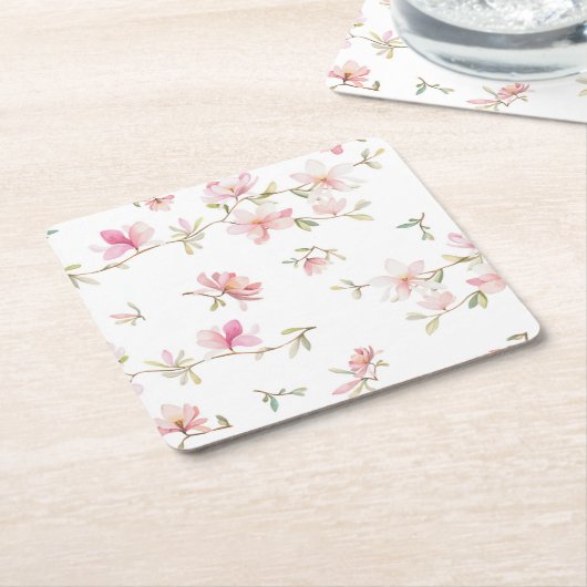 柔らかいピンクの水彩画の花模様 スクエアペーパーコースター (アングル)