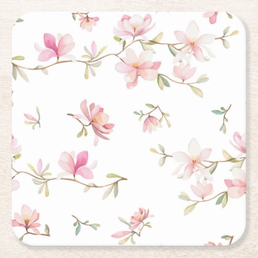 柔らかいピンクの水彩画の花模様 スクエアペーパーコースター (正面)