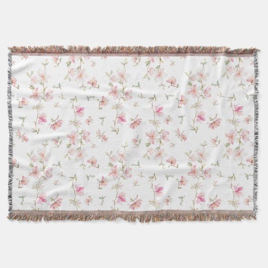 柔らかいピンクの水彩画の花模様 スローブランケット (正面)