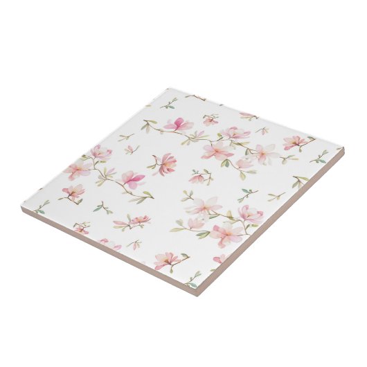 柔らかいピンクの水彩画の花模様 タイル (側面)