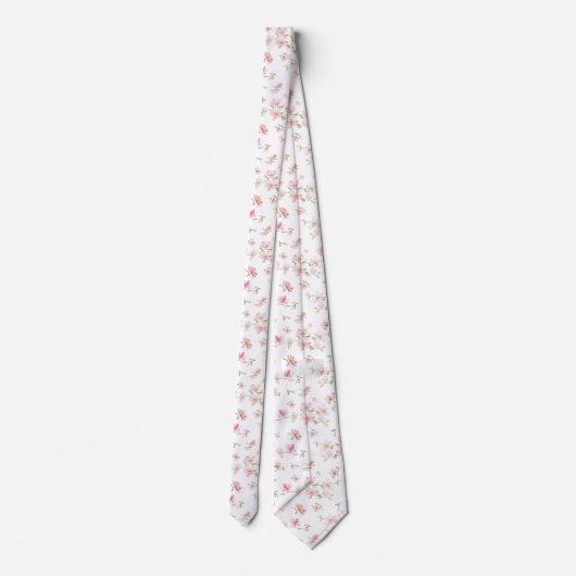 柔らかいピンクの水彩画の花模様 ネクタイ (裏面)