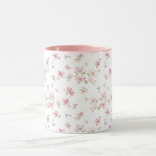 柔らかいピンクの水彩画の花模様 マグカップ (中央)