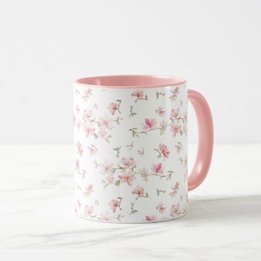 柔らかいピンクの水彩画の花模様 マグカップ (正面右)