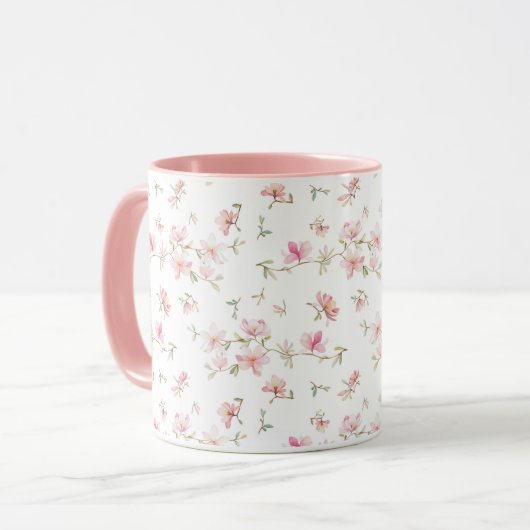 柔らかいピンクの水彩画の花模様 マグカップ (正面左)