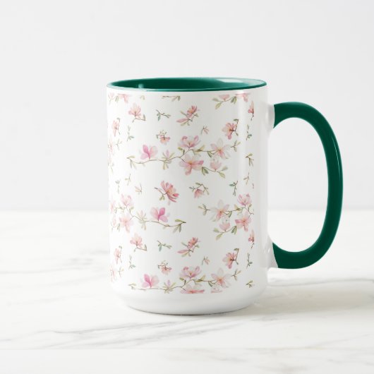 柔らかいピンクの水彩画の花模様 マグカップ (右)