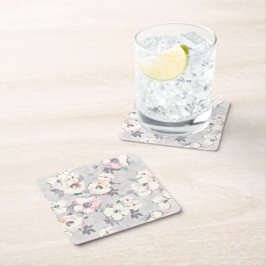 柔らかいピンクの水彩画パターン スクエアペーパーコースター (インサイチュ)