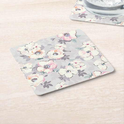 柔らかいピンクの水彩画パターン スクエアペーパーコースター (アングル)