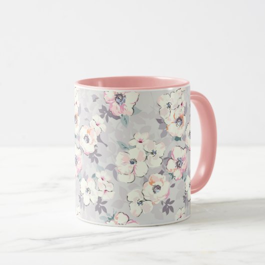 柔らかいピンクの水彩画パターン マグカップ (正面右)