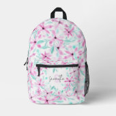 柔らかいピンクの水色の花と緑の葉花 プリントバックパック (正面)