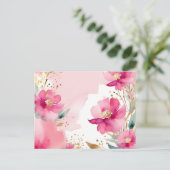 柔らかいピンクの水色の花と金ゴールド ポストカード (スタンド正面)