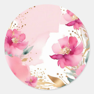 柔らかいピンクの水色の花と金ゴールド ラウンドシール