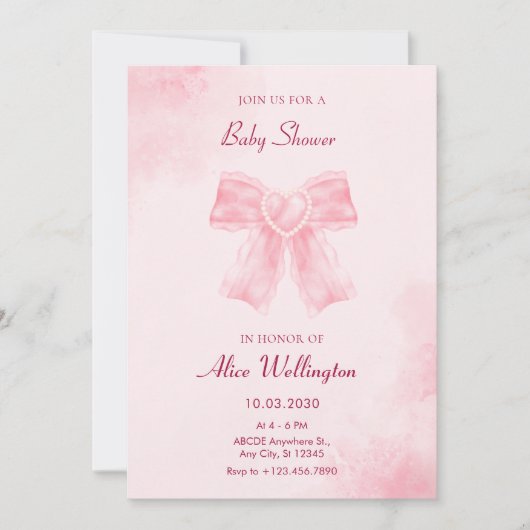 柔らかいピンクの甘いリボンの弓の写真の赤ちゃんシャワー 招待状 (正面)