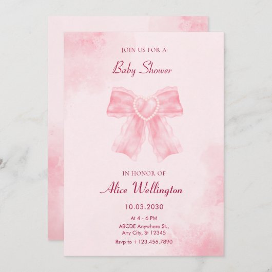 柔らかいピンクの甘いリボンの弓の写真の赤ちゃんシャワー 招待状 (正面/裏面)