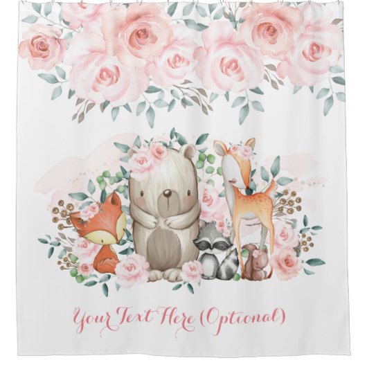 柔らかいピンクの花のバラの森林森林動物 シャワーカーテン (正面)