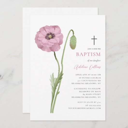 柔らかいピンクの花の花のスクリプエレガントトのバプテスマ 招待状 (正面/裏面)