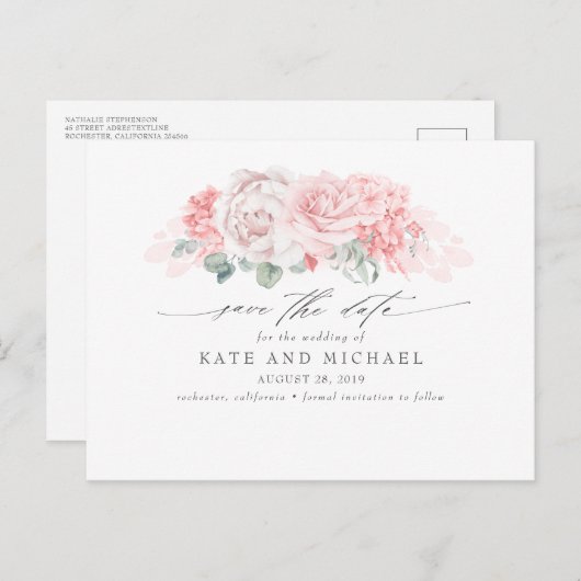 柔らかいピンクの花エレガントが日付を保存 ポストカード (正面/裏面)