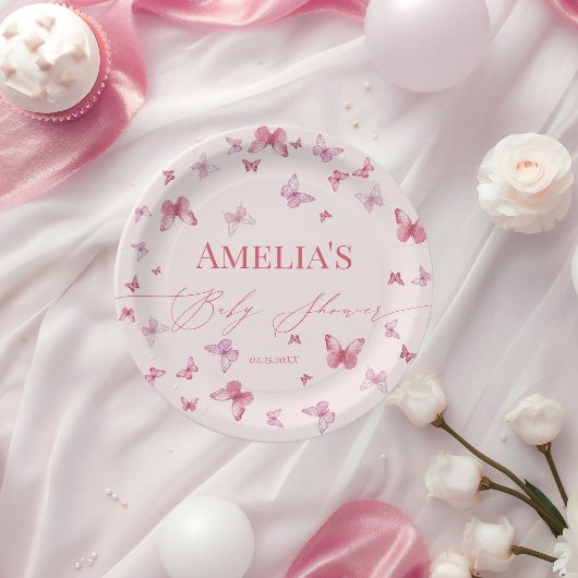 柔らかいピンクの蝶の赤ちゃんシャワー ペーパープレート