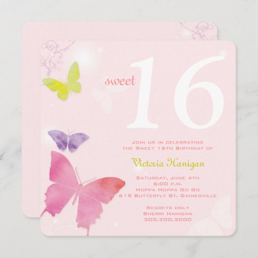 柔らかいピンクの蝶テーマの菓子16の誕生会 招待状 (正面/裏面)