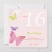 柔らかいピンクの蝶テーマの菓子16の誕生会 招待状 (正面)