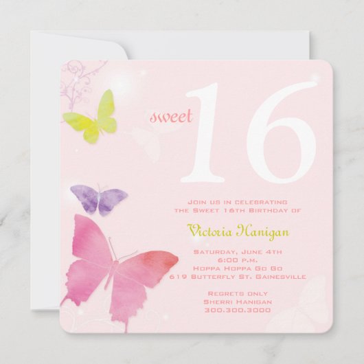 柔らかいピンクの蝶テーマの菓子16の誕生会 招待状 (正面)