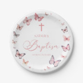 柔らかいピンクの蝶バプテスマ ペーパープレート (正面)