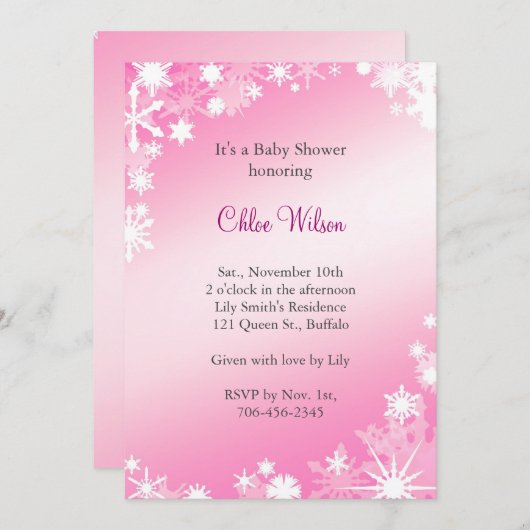 柔らかいピンクの雪片のベビーシャワーの招待状 招待状 (正面/裏面)
