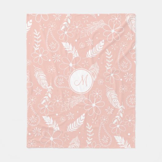 柔らかいピンクまたは任意の色のボホの羽ガーリーの花 フリースブランケット (正面)
