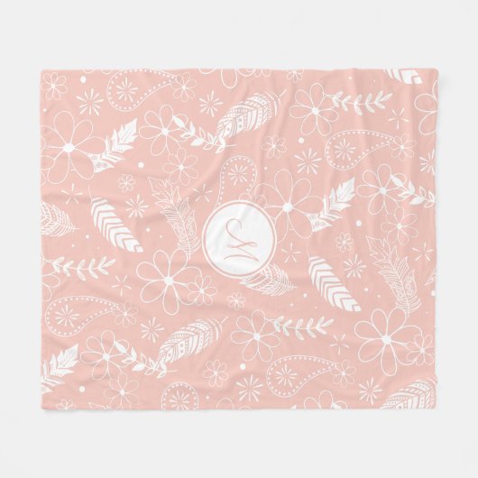 柔らかいピンクまたは任意の色のボホの羽ガーリーの花 フリースブランケット (正面(横))