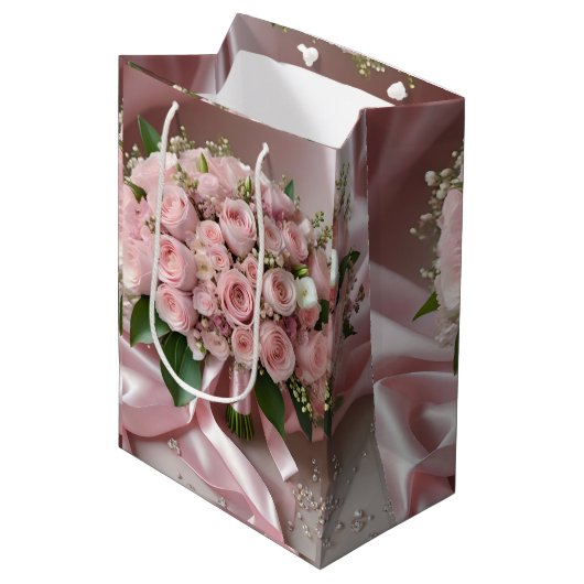 柔らかいピンク結婚のバラの花束 ミディアムペーパーバッグ (正面アングル)
