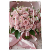 柔らかいピンク結婚のバラの花束 ミディアムペーパーバッグ (正面)