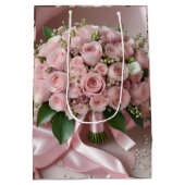柔らかいピンク結婚のバラの花束 ミディアムペーパーバッグ (裏面)