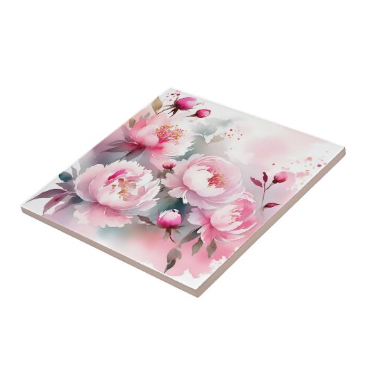 柔らかいピンク色の繊細な水彩花 タイル (側面)