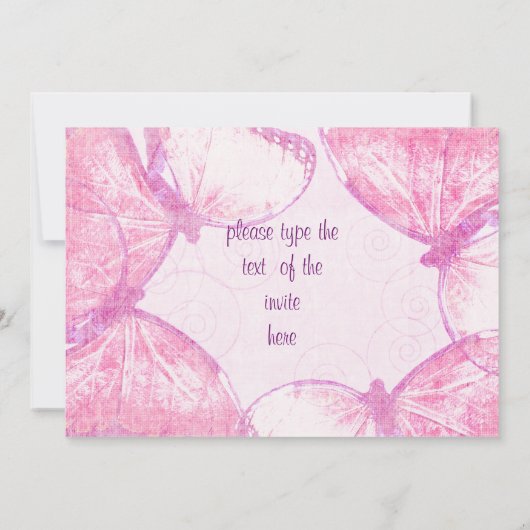 柔らかいピンク色の羽毛の蝶 招待状 (裏面)