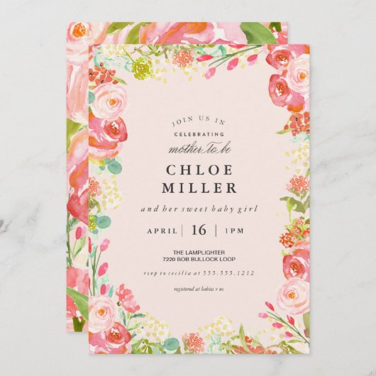 柔らかいフローラの赤ちゃんシャワーの招待状 招待状 (正面/裏面)