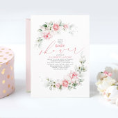 柔らかいライトピンクの花と緑の赤ちゃんシャワー 招待状