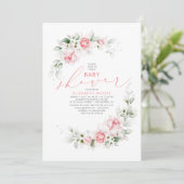 柔らかいライトピンクの花と緑の赤ちゃんシャワー 招待状 (スタンド正面)