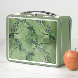 柔らかいライムに紫の翼のトンボ メタルランチボックス