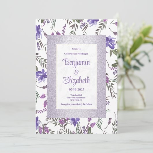 柔らかいラベンダーピンクパープルグリーン結婚フローラ 招待状 (スタンド正面)