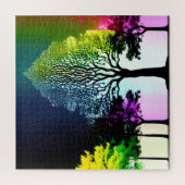 柔らかいレインボーカラーの黒い木のシルエット ジグソーパズル (縦)