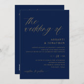 柔らかいロマンチックな海軍と金ゴールドが一結婚体に 招待状 (正面/裏面)