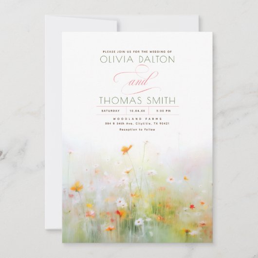 柔らかいロマンチックな牧草地の野草夏結婚の花 招待状 (正面)