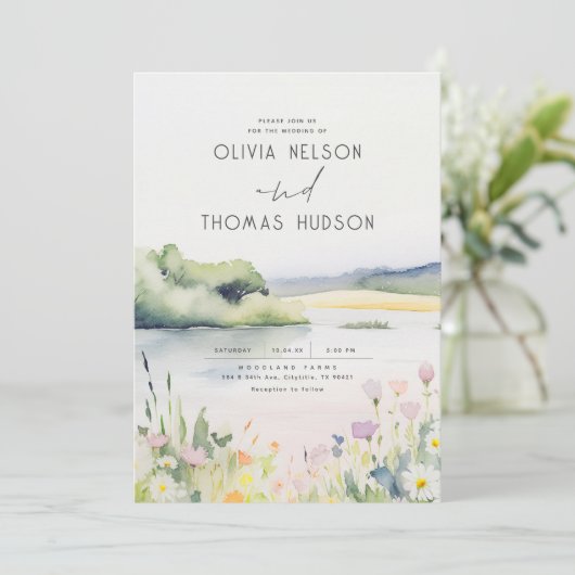 柔らかいロマンチックな牧草地の野草夏結婚の花 招待状 (スタンド正面)