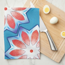 柔らかい光沢のある青い赤い10スタブスター万華鏡のように千変万化するパターン キッチンタオル